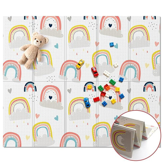 71x59 Foldable Baby Play Mat, Foam and Waterproof Playmat for Floor, Babies Activity Tummy Time Playmats, Portable & Anti-Slip Crawling Mats, Reversible Portable Floor Mat for kids, Infant, Toddler(Rainbow)