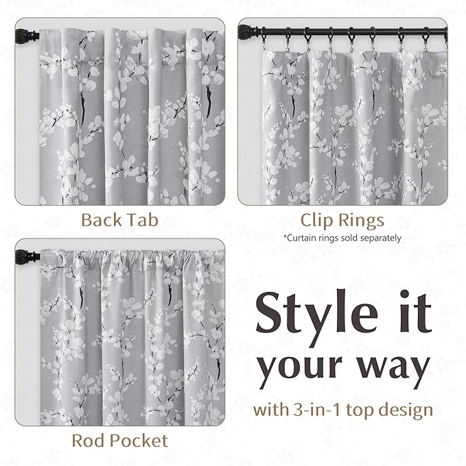 FMFUNCTEX 100% Blackout Floral Curtains for Bedroom, Grey Curtains 63 inch Length Blossom Flower Patterned for Living Room,Thermal Insulated Drapes Farmhouse, Rod Pocket 2 Panels (White on Grey)