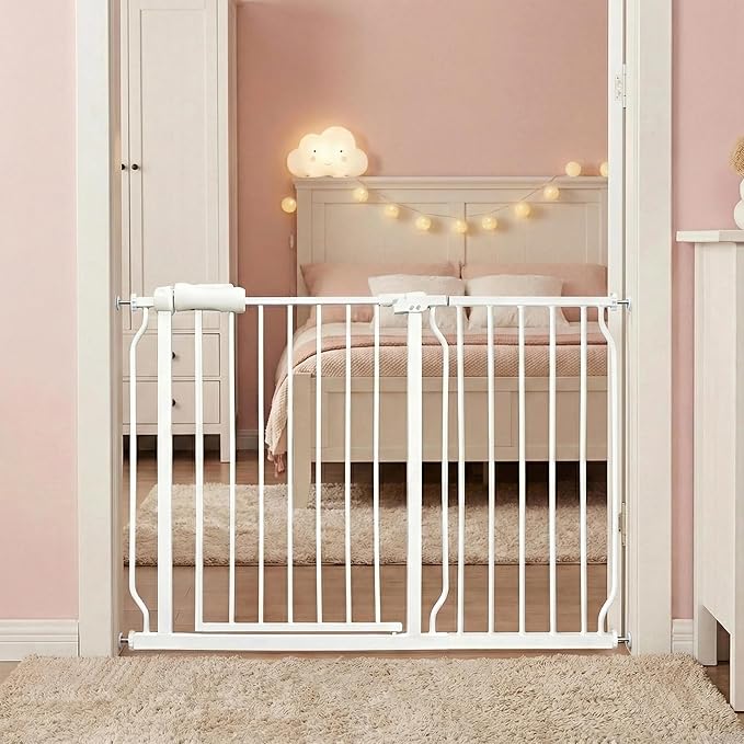 Extra Wide Baby Gate - 43.3-48 Inch Tension Mounted Safety Child & Pet Gate - White Metal - Walk Through - Long - for House Doorways & Stairs