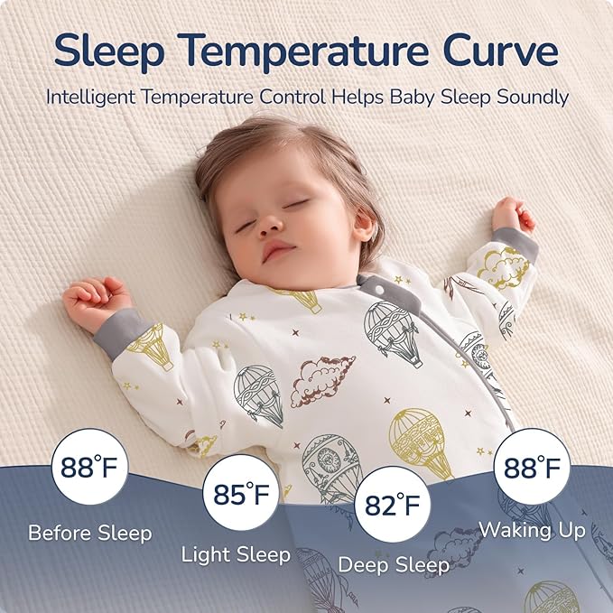 Baby Sleep Sack 12–18 Months, Cotton Sleep Sack with Detachable Long Sleeves, 1.0 TOG Wearable Blanket for Cooler Nights, 2-Way Zipper Toddler Sleeping Sack with Temperature Strip, Hot Air Balloon