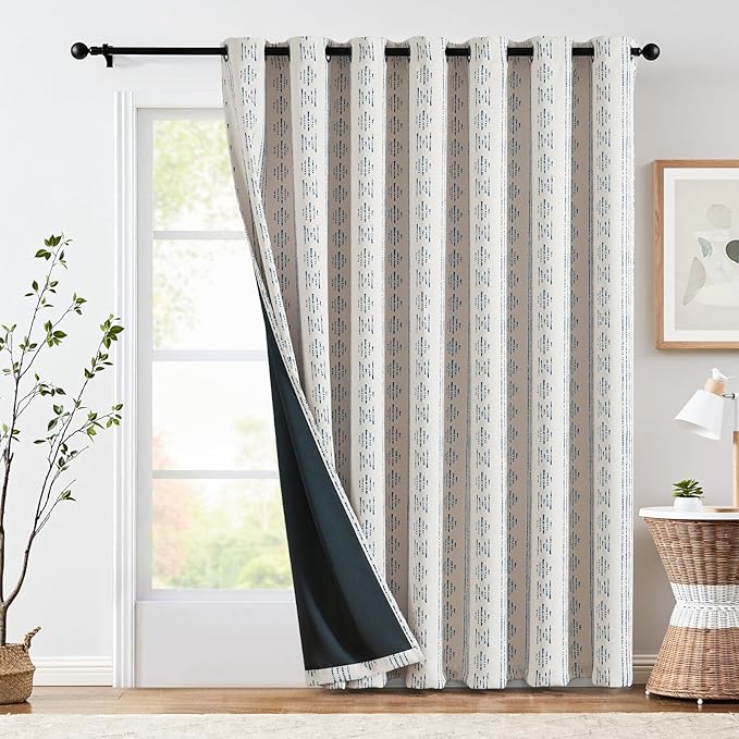 jinchan 95% Blackout Boho Curtain 84 Inches Long for Bedroom 1 Panel Extra Wide Printed Curtain Blue on Beige Geometric Grommet Top Thermal Insulated Window Drape
