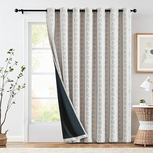 jinchan 95% Blackout Boho Curtain 84 Inches Long for Bedroom 1 Panel Extra Wide Printed Curtain Blue on Beige Geometric Grommet Top Thermal Insulated Window Drape