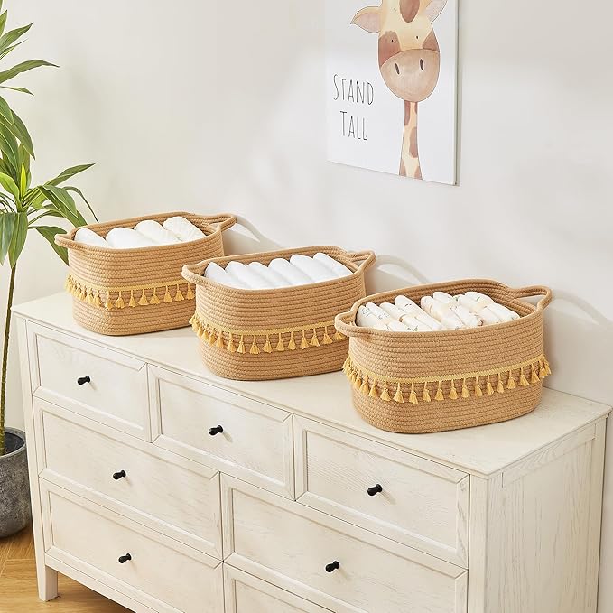 Storage Bins Woven Baskets for Storage Set of 3, Cotton Rope Basket with Handles for Toys/Shelves/Laundry, Rectangle Multi-Purpose Organizer for Living Room, Bedroom, Nursery (Brown)