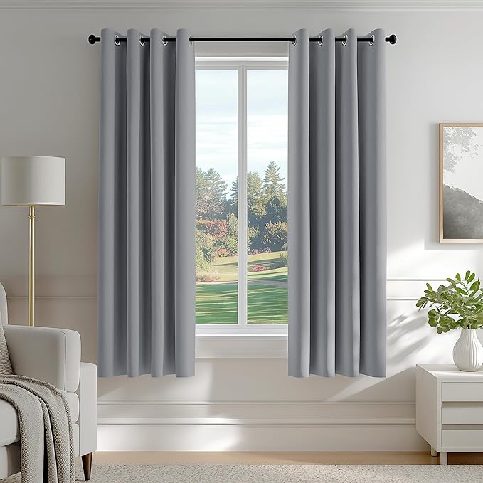 FMFUNCTEX 100% Blackout Curtains for Bedroom, Dark Grey Curtains 54 Inches Long Textured Thermal Insulated Curtains for Living Room Drapes, Black Out Drapery Grommet Room Darkening 2 Panels