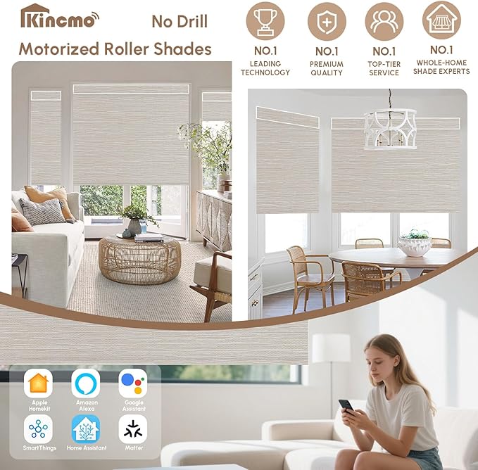 Kincmo No Drill Motorized Blinds with Remote, 100% Blackout Roller Shades for Windows, Custom Electric Blinds Compatible with Alexa, Apple Homekit, Google Home (100% Blackout Dreamy Beige)