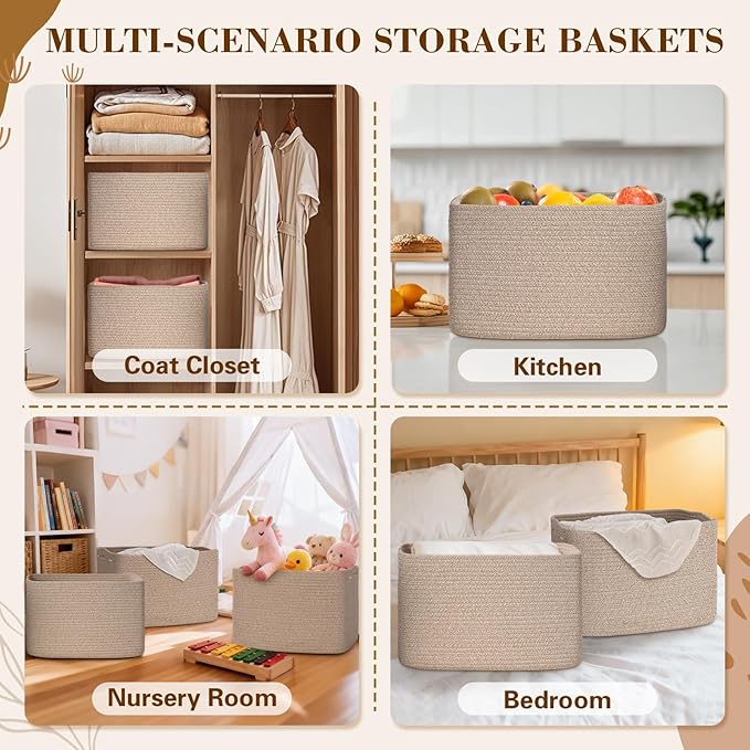 Woven Storage Baskets, Brown Baskets for Organizing, 3 Pack Woven Basket for Storage, Storage Baskets for Shelf, Towel, Toy, Book, Closet, Baby 15"×10"×9"