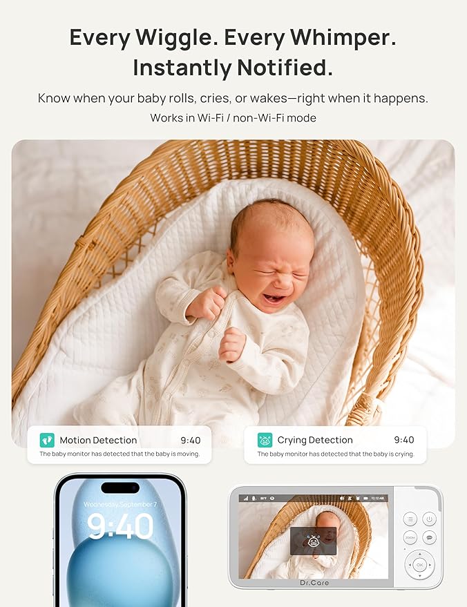 Dr.Care VistaView Smart WiFi Baby Monitor with 2 Cameras- 5” 1080P Split Screen & 2K Camera App Control, Cry & Motion Alerts, Night Vision, 2-Way Talk, Triple Security, 1279ft Range