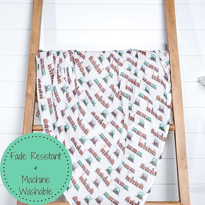 LollyBanks Muslin Swaddle Blankets, 100% Cotton Baby Blanket for Boys and Girls, Soft and Lightweight 47 x 47 Inches Infant Swaddle, Gentle Newborn Blankets, Baby Essentials (Animal Train Print)