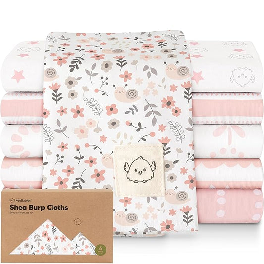 Organic Burp Cloths Baby Boy, Girl - 6-Pack Large 100% Cotton Burping Cloths for Babies, Spit Up Rags, Super Absorbent, Ultra Soft Newborn Rag, Gender Neutral, Machine Washable, Durable (Sweet Charm)
