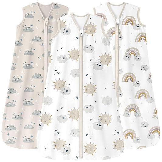 Unnivoll Baby Sleep Sack 18-24 Months 0.5 Tog Wearable Blanket Baby, 3 Pack 100% Cotton Lightweight Sleeping Sack with 2-Way Zipper for Infant Toddler Apricot White Sun Clouds