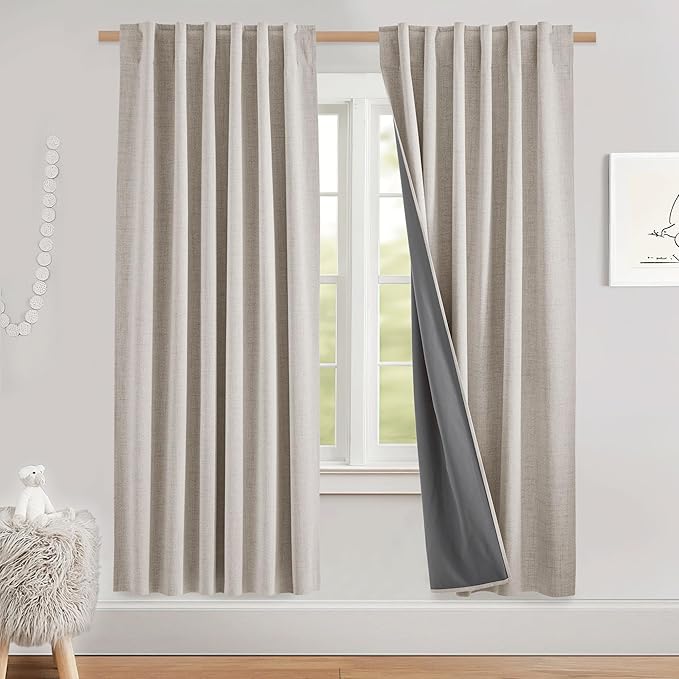 NICETOWN Natural Bedroom Full Blackout Linen Curtain Panels, Thick Linen Blend Classic Rod Pocket Back Tab Blackout Draperies with White Thermal Insulated Liner for Windows (Set of 2, 52 by 72-inch)