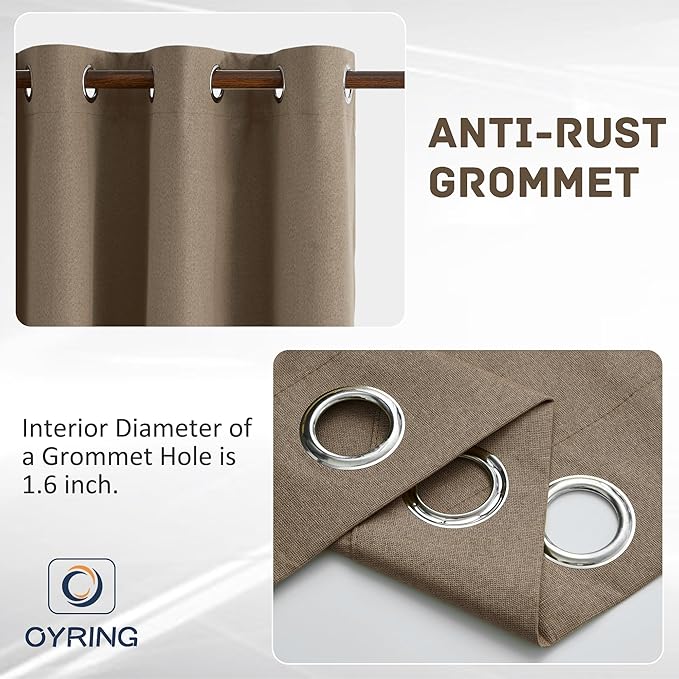 Light Weight Curtains 100% Blackout Linen Textured Curtains 96 Inch Length for Living Room, Bedroom, Full Blackout Curtains with Grommets Top, Brown, 37" W x 96" L, 2 Panels