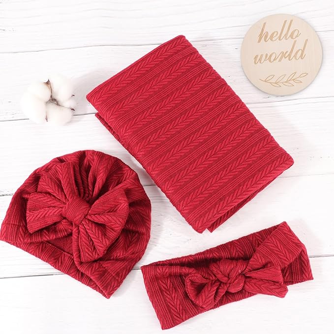 DRESHOW BQUBO Baby Swaddle Blankets for Girls, 4PCS Newborn Accessories Set with Matching Hat and Bow Headband with Hello World Wooden Birth Announcement Card