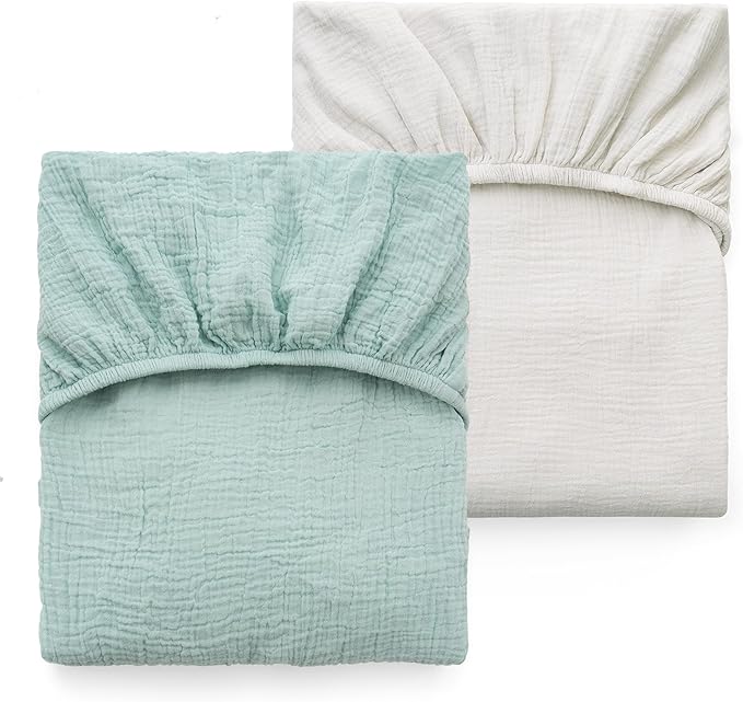 Momcozy Muslin Standard Fitted Crib Sheets, 52"x28", 2 Pack Soft Breathable Natural Cotton Baby Mattress Sheet, 360° Mattress Wrapping No Slip Boys Girls Neutral Toddler Bed Sheet, Green Grey