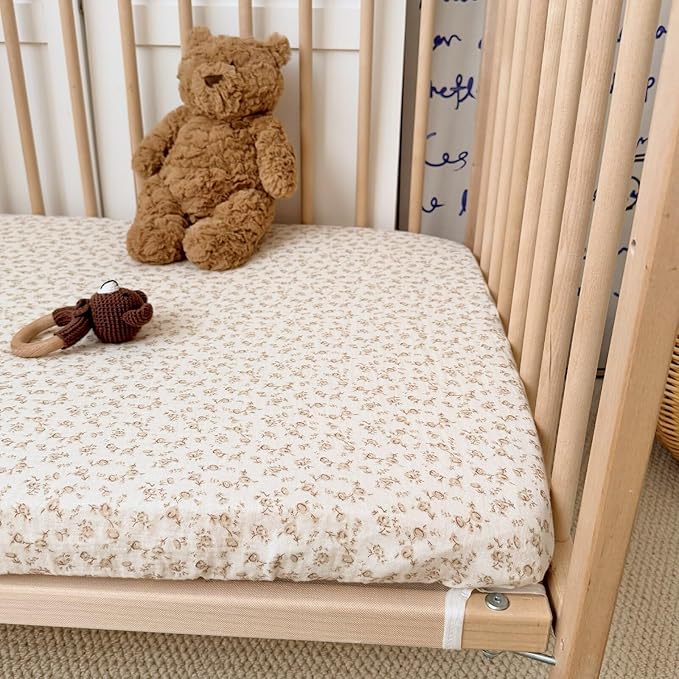 BuLuTu 100% Cotton Fitted Baby Bed Sheets Set of 2, Soft Breathable Muslin Crib Sheets for Standard Crib Mattress Toddler Mattress 52"x28", Machine Washable, Beige & Camellia