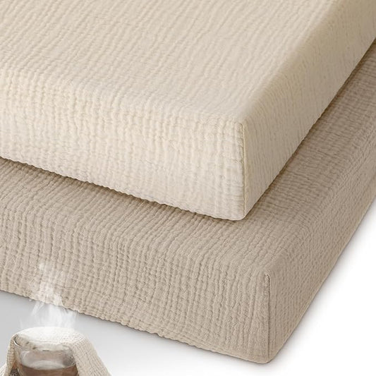 Muslin Pack and Play Sheets Fitted, 100% Cotton Mini Crib Sheets 2 Pack for Pack N Play Mattress, Stretchy Playard Sheet, Soft and Breathable Beige & Khaki
