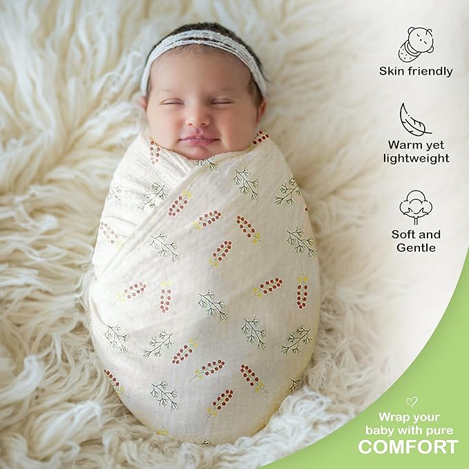 100% Organic Cotton Muslin Baby Blanket 3 Pack - Breathable Swaddle, Hypoallergenic Double-Layer, Versatile Use (Pink, Floral, Rust, 38x40 Inch)