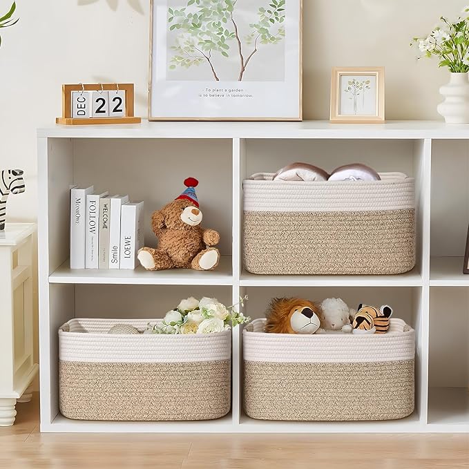 2 Pack Large Storage Basket for Organizing, 17.5"x13.5"x7.5" Woven Basket for Shelves, Closet Storage Bins with Wrapped Handle, Cotton Rope Baskets for Kitchen, Clothes, Toys(Off White & Brown)