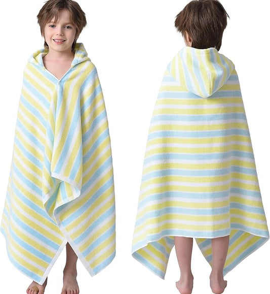 VOOVA & MOVAS Toddler Towels for Boys - 100% Cotton (3-10Years) - Quick Dry Absorbent Lightweigh Hooded Wrap Towel for Pool | Swim | Beach | Bath, Yellow Blue Stripe