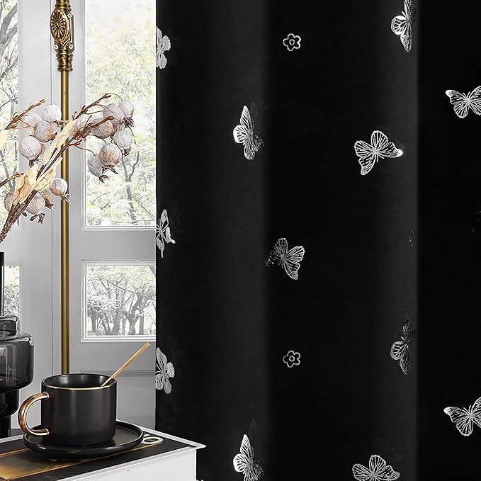 Jubilantex Black Silver Butterfly Blackout Curtains 84 Inches Long for Bedroom Kids Bedroom Nursery Floral Print Window Curtains Grommet Top,2 Panels