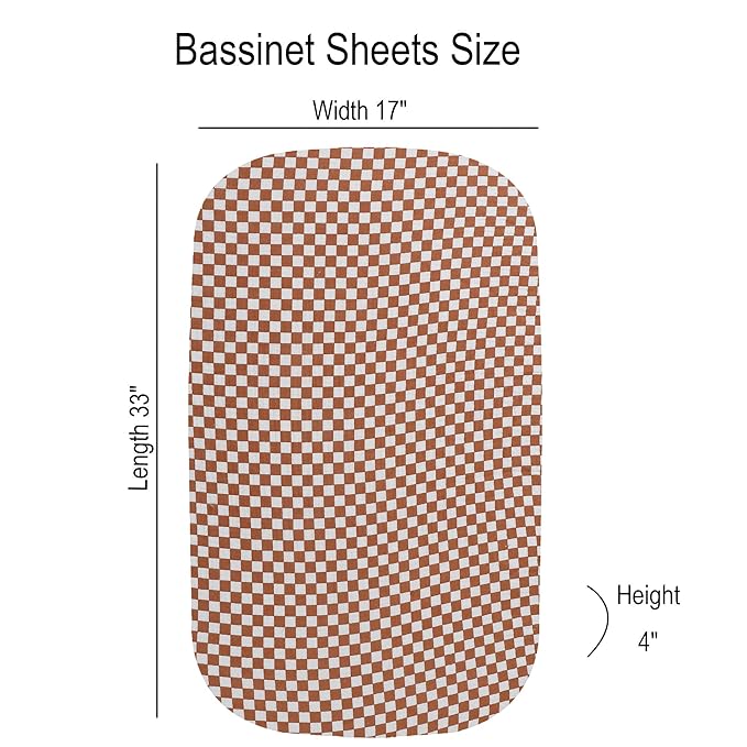 Onacosht Muslin Bassinet Sheets 3 Pack, 100% Cotton Baby Fitted Sheet 33" X 17" for Standard Rectangle Round Oval and Hourglass Bassinet Mattress, Checker and Sun Moon