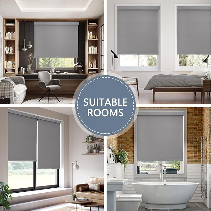 AOSKY Blackout Roller Shades Cordless Blinds for Windows, Free-Stop Shades with Valance, Thermal Insulated Fabric, UV Protection, Natural Woven Blinds for Home and Office (24" W x 72" H, Grey)