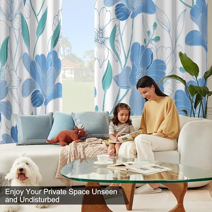 Blackout Curtains 84 inch Length 2 Panels Set, Blue Floral Printed Grommet Thermal Privacy Black Out Curtains for Bedroom with Black Liner, Light Filtering Window Curtains for Living Room and Nursery