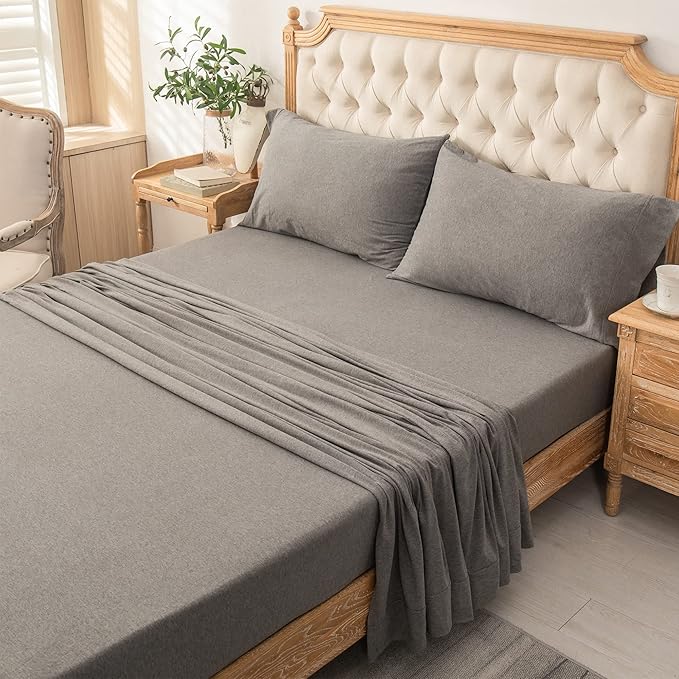 PURE ERA Jersey Knit 4pc Bed Sheet Set 100% T-Shirt Heather Cotton Super Soft Comfy Breathable Fits Mattress Up to 20" Extra Deep Pocket (Heather Dark Grey, King)