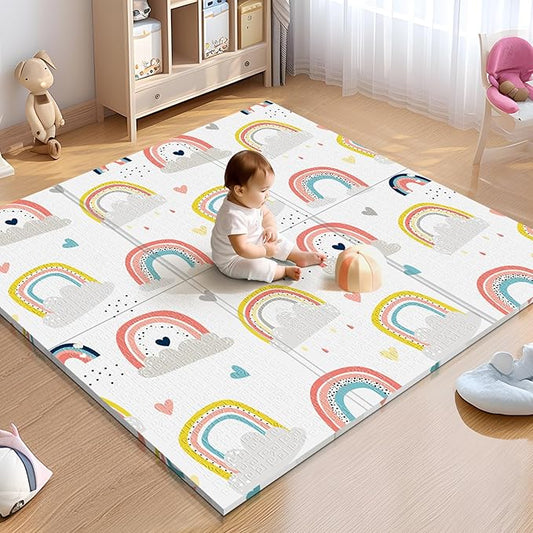 Foldable Foam Baby Play Mat for Floor, Babies Activity Tummy Time Playmat, Kids Non Toxic Foam Thick Play Mat for Baby, Toddlers, Waterproof & Anti-Slip Crawling Mats,Rainbow,59x59x0.4