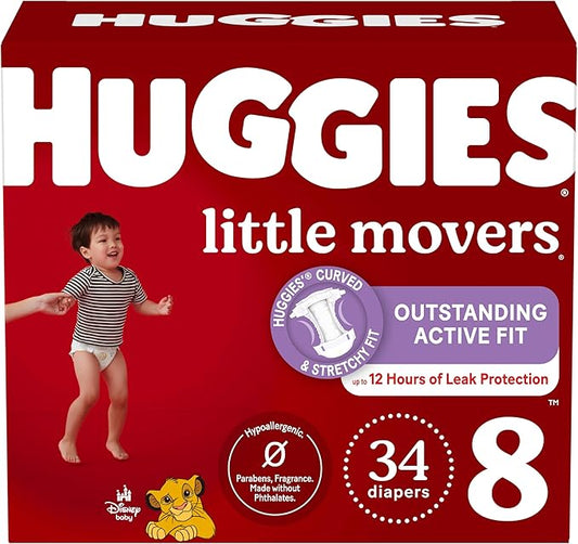 Huggies Size 8 Diapers, Little Movers Baby Diapers, Size 8 (46+ lbs), 34 Count
