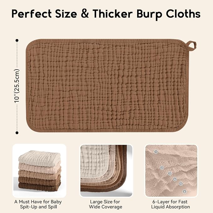 Unnivoll Muslin Burp Cloths for Baby 100% Cotton Burping Cloths for Boys Girls Large 20"X10" Extra Soft and Absorbent 5 Pack - Gradient Coffee