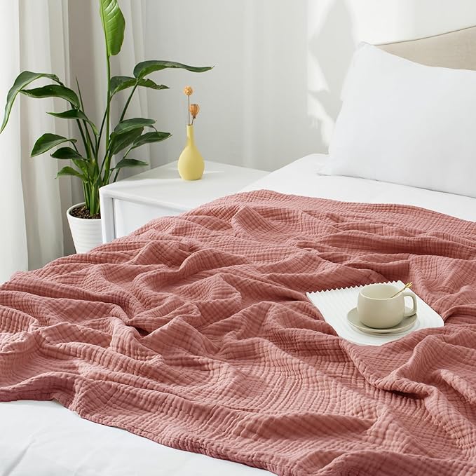 Carriediosa 100% Cotton Muslin Throw Blanket 108" X 90" King Size，4-Layers Summer Gauze Throws for Bed Couch，Soft Lightweight Breathable Linen Blankets Bedspread for Adults All Season，Mauve