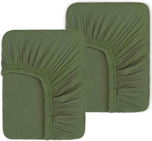 PET REJOIR 2 Pack Olive Green Muslin Crib Sheets for Boys & Girl- Neutral Breathable Cotton Crib Mattress Sheets Fitted for Standard 28"x 52"- Nursery Décor No Slip Crib Bed Sheets