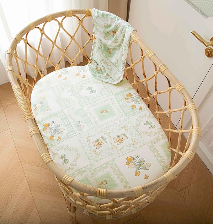 SDY Jersey Floral Bassinet Sheets for Baby Boys and Girls,32 "x 16 "x 4",2 Pack,Neutral Green Flower Standard Oval/Retangle Bassinet Mattress Sheets for Toddler,Super Soft Breathable
