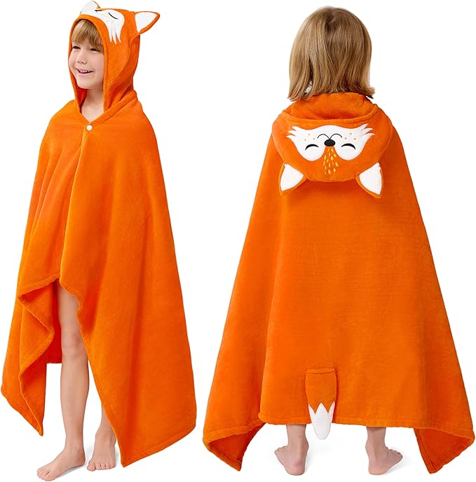 Joiedomi Hooded Towel for Kids Soft 100% Cotton Bath Beach Towel 30" x 50" for Kids 3-10 Years Toddler Pool Poncho with Hood Absorbent Swim Wrap for Boys Girls Orange Fox