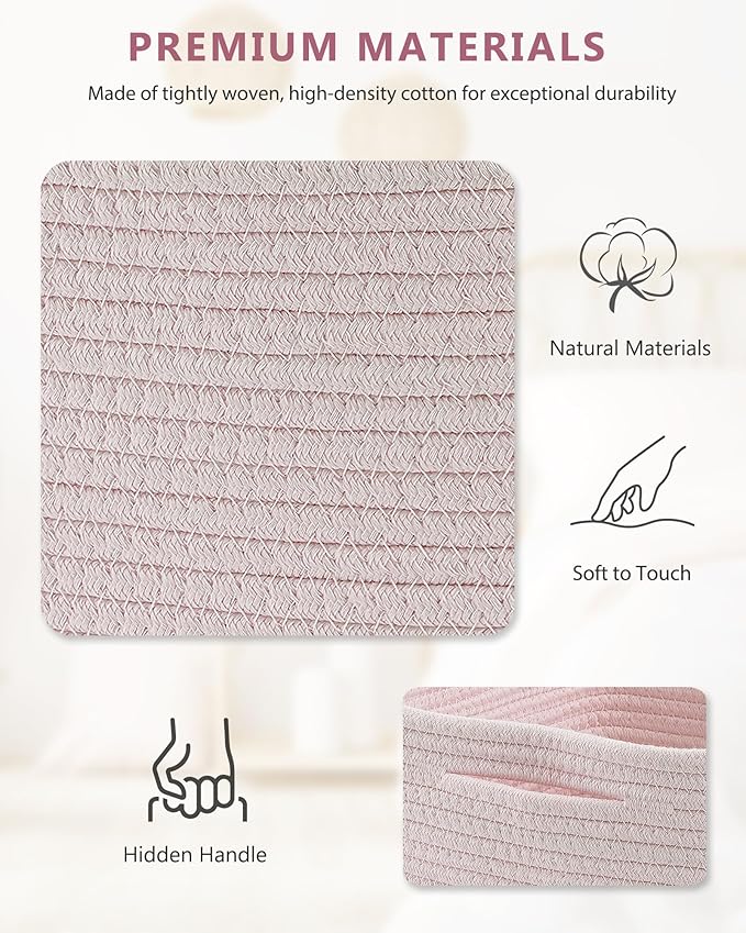 Cube Storage Bin 11" x 10.5" x 10.5" Cotton Rope Basket Square Woven Storage Basket for Shelves, Closet Organizer, Soft Towel Sock Basket, Pink, 3 Pack