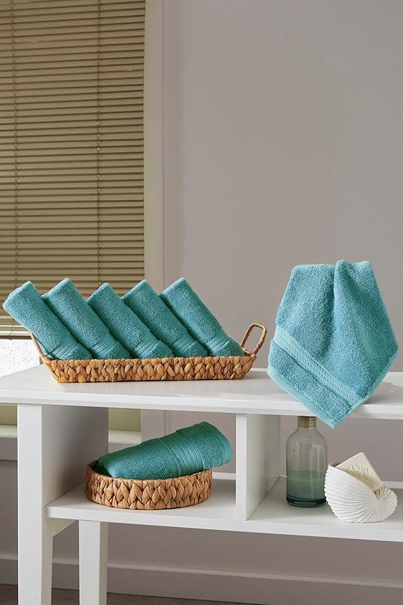 Ozdilek 6-Piece Washcloth Set 13x13 100% Turkish Cotton, 600 GSM, Soft, Gentle on Sensitive Skin, Multi-Purpose Use, Washable, Reusable, Ideal for Baby Care & Spa 6 Towels (Milky Blue)