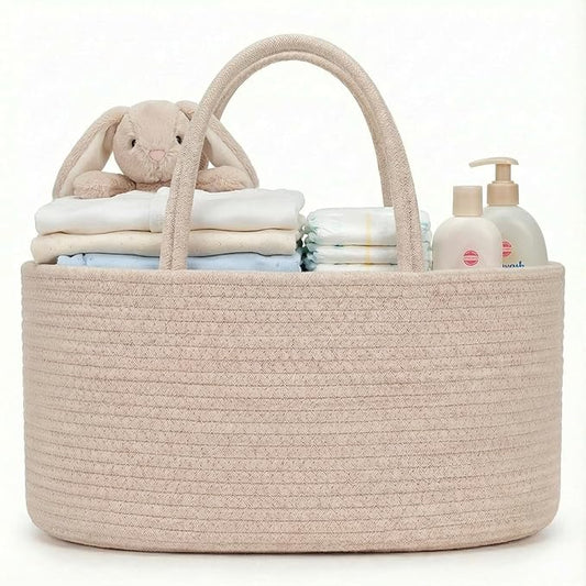 luxury little Diaper Caddy Organizer, Large Cotton Rope Nursery Baby Basket, Changing Table Organizer for Baby Diaper Storage, Portable Car Organizer Removable Divider (Oatmeal, Large)