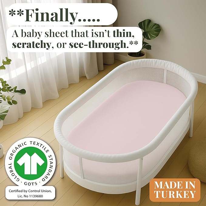 GOTS Organic Bedside Bassinet Sheets 33x20 for Maxi COSI Iora, Cowiewie, Baby Delight, Mika Micky, Ronbei, Koola Baby Bond, Kidsclub, Luxury Turkish Cotton - Rectangle 32x19-33x20