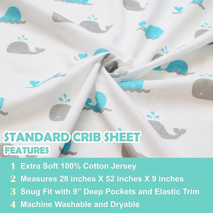 American Baby Company 4 Pack Fitted Crib Sheets 28" x 52", Soft Breathable Neutral 100% Cotton Jersey Sheet, Gray Zigzag/Aqua Whale/Gray/White, for Boys and Girls, Fits Crib and Toddler Bed mattresses