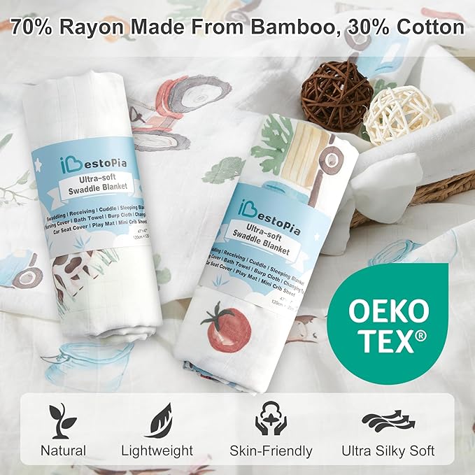 70% Rayon Made from Bamboo 30% Cotton Muslin Swaddle Blanket, 47 x 47 Inches, Cow Print Baby Receiving Blanket, Soft and Breathable, Unisex, 2 Pack