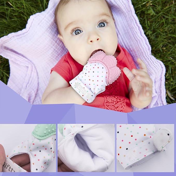 Giftty Baby Teething Mitten, Self-Soothing Teether Glove, Pain Relief Silicone Mitt, Double Breathable, Stay on Baby's Hand, Unisex for Babies 3-12 Months(2 Pink Mittens)