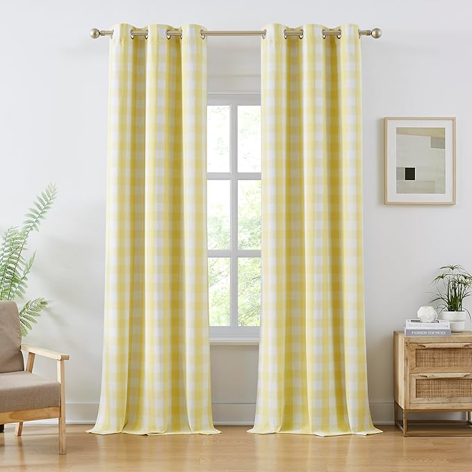 Amzdecor Buffalo Plaid Full Blackout Curtains Checkered GEO Thermal Insulated Energy Efficient Drapes Grommet 2 Layers Window Treatment for Bedroom Living Room Farmhouse, 2 Panels,40"x90",Yellow&White