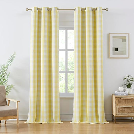 Amzdecor Buffalo Plaid Full Blackout Curtains Checkered GEO Thermal Insulated Energy Efficient Drapes Grommet 2 Layers Window Treatment for Bedroom Living Room Farmhouse, 2 Panels,40"x90",Yellow&White