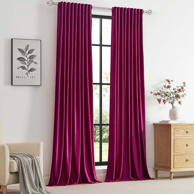 PRIMROSE Hot Pink Velvet Curtains 63 inch Long for Living Room,Set of 2 Panels Blackout Rod Pocket Back Tab Window Treatment Room Darkening Heavy Decorative Curtains Drapes for Bedroom