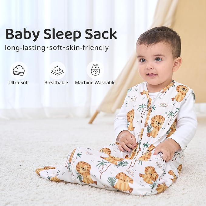 FIEMOL Baby Sleep Sack 12-18 Months, 0.5 TOG Wearable Blanket for Baby Boy and Girl, 2-Way Zipper Toddler Sleeping Bag 2 Pack, Lightweight Sleep Sacks Green Lion（Large）