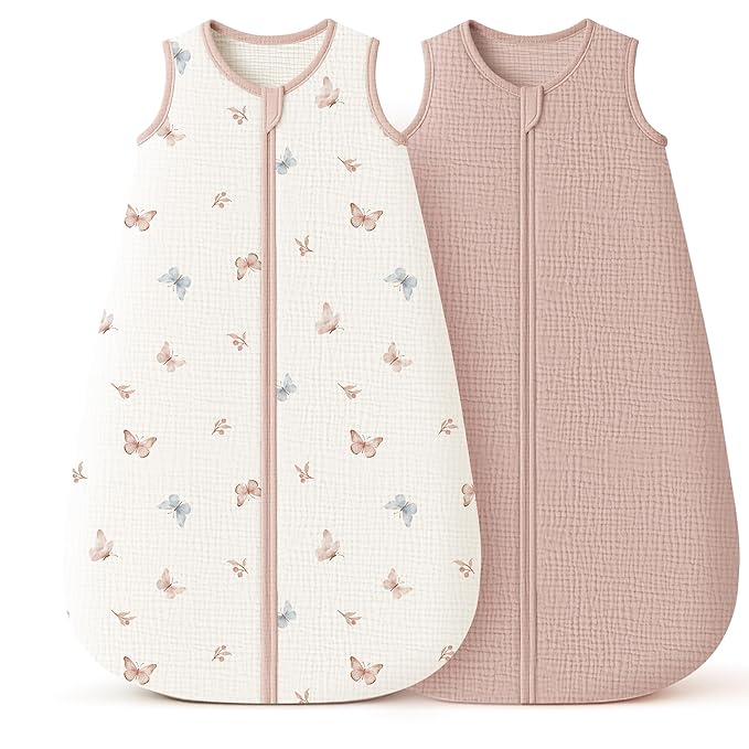 Konssy Muslin Baby Sleep Sack 0-6 Months 0.8 TOG, 2 Pack 100% Cotton Wearable Blanket for Babies, 2-Way Zipper Breathable Sleeping Sack Infant Toddler Essentials for Girls and Boys(Butterfly,Taupe)