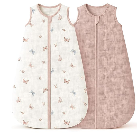 Konssy Muslin Baby Sleep Sack 0-6 Months 0.8 TOG, 2 Pack 100% Cotton Wearable Blanket for Babies, 2-Way Zipper Breathable Sleeping Sack Infant Toddler Essentials for Girls and Boys(Butterfly,Taupe)