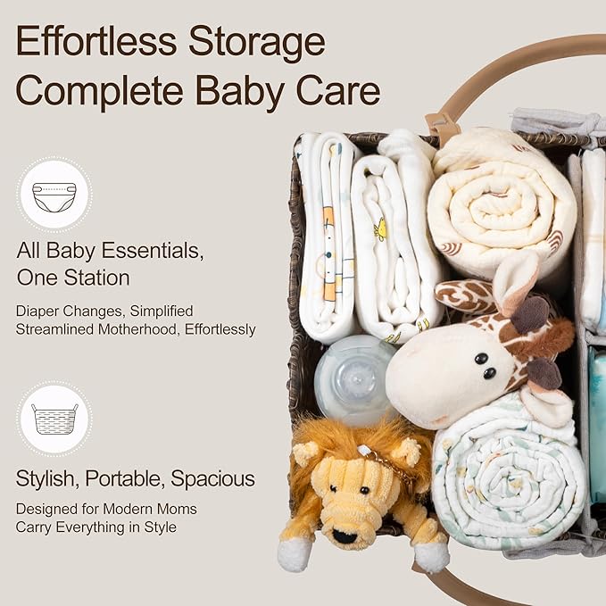 HBlife Baby Diaper Caddy Organizer, Large Portable Scalloped Plastic Wicker Woven Basket with Divider, Nursery Diaper Station, Baby Shower Gifts Basket, Car Organizer, Washable Waterproof