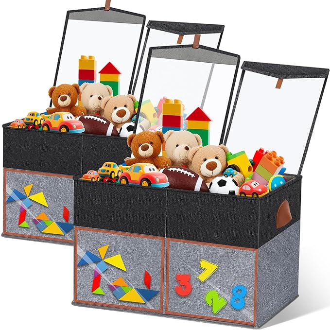 2 Pack Large Toy Storage Box with Clear Lids Collapsible Toy Organizer Chest with Adjustable Dividers Kids Storage Bin Basket for Boys Girls Living Room Nursery Playroom Closet Black and Grey